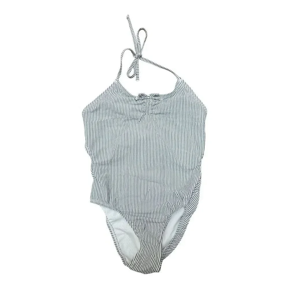 Gap Kids Seersucker 1Pc Swimsuit Open Back Sz M Gray White Micro Stripe EUC